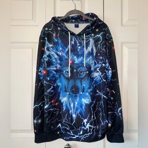 Blue Lightning Wolf Graphic Hoodie - Mens Medium
